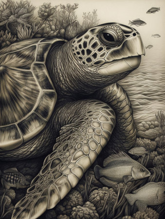 Black and white drawing of a turtle and other underwater animals. AI generated, AI generative, AI generativ.の素材