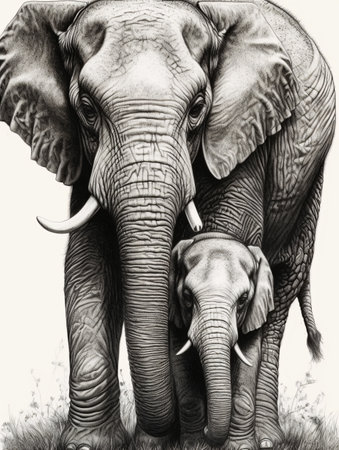 A small baby elephant standing next to an adult elephant mother. AI generated, AI generative, AI generativ.の素材