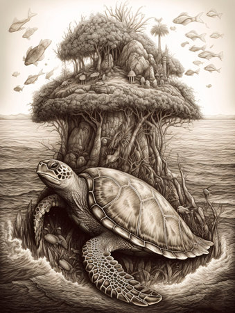 Black and white drawing of a turtle and other underwater animals. AI generated, AI generative, AI generativ.の素材