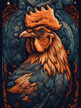 Illustration of a chicken on an orange background with an ornate pattern in the style of impressionism and fantasy. AI generated, AI generative, AI generativ.の素材