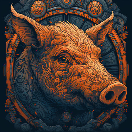 Illustration of a pig on an orange background with an ornate pattern in impressionism and fantasy. AI generated, AI generative, AI generativ.の素材