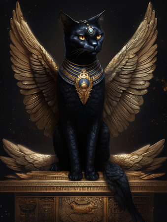 A black cat with wings sitting on top of a golden tomb in the style of Egyptian art. AI generated, AI generative, AI generativ.の素材