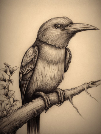 Drawing of a bird sitting on a branch drawn with a simple pencil. AI generated, AI generative, AI generativ.の素材