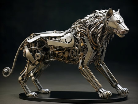 Sculpture of a young lion made of metal in full growth. AI generated, AI generative, AI generativ.の素材
