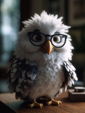 Close-up of a toy bird wearing white fluffy feathers and glasses. AI generated, AI generative, AI generativ.の素材