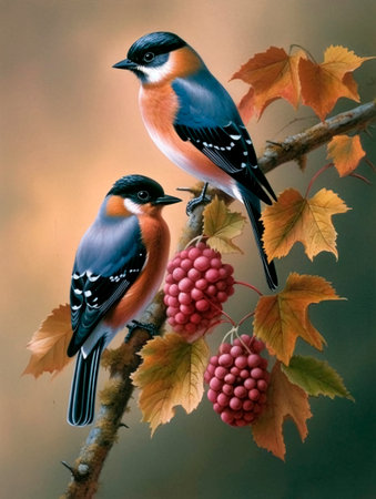 Two bullfinch birds sit on a rowan branch with yellow leaves. AI generated, AI generative, AI generativ.の素材