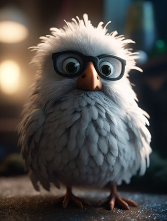 Close-up of a toy bird wearing white fluffy feathers and glasses. AI generated, AI generative, AI generativ.の素材