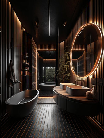 Contemporary bathroom with sink and large mirror in dramatic dark lighting. AI generated, AI generative, AI generativ.の素材