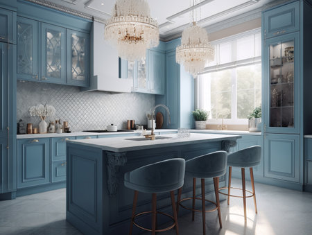 Bright kitchen with blue cabinets and bar stools. AI generated, AI generative, AI generativ.の素材