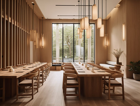 Japanese style restaurant dining room filled with wooden tables and chairs. AI generated, AI generative, AI generativ.の素材