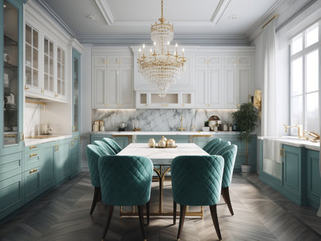 Bright kitchen with blue cabinets and bar stools. AI generated, AI generative, AI generativ.の素材