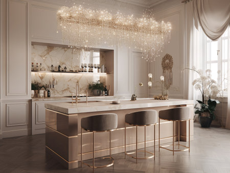 Classic bright kitchen with bar stools and kitchen island and chandelier. AI generated, AI generative, AI generativ.の素材
