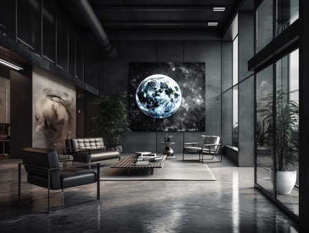 A gray living room in dramatic lighting filled with modern brown leather furniture and a moon painting. AI generated, AI generative, AI generativ.の素材