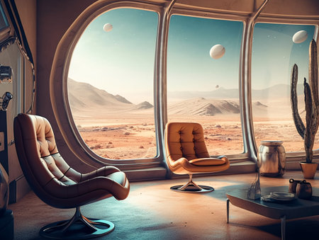 A space living room filled with futuristic furniture and a large window overlooking a desert planet. AI generated, AI generative, AI generativ.の素材