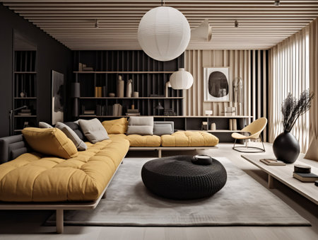 Modern living room with lots of wooden design elements and upholstered yellow furniture. AI generated, AI generative, AI generativ.の素材