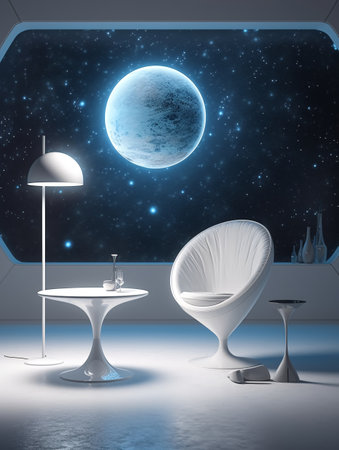 White chair and table in a white space room with a window overlooking open space. AI generated, AI generative, AI generativ.の素材