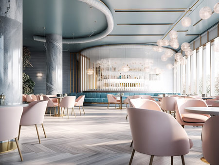 The restaurant is in light pastel colors filled with plenty of tables and chairs. AI generated, AI generative, AI generativ.の素材