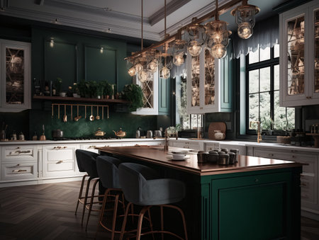 Modern kitchen in a classic style with white and green cabinets and green chairs. AI generated, AI generative, AI generativ.の素材