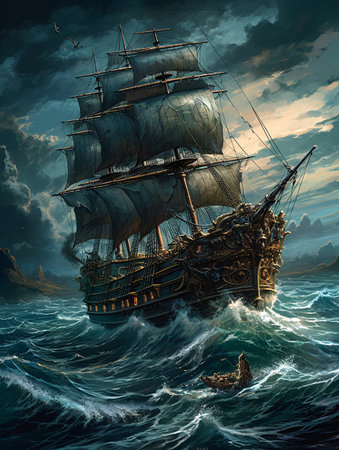 An epic sailing ship in a stormy ocean at sunset. AI generated, AI generative, AI generativ.の素材