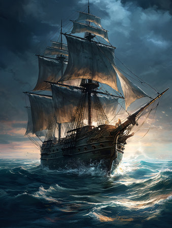 An epic sailing ship in a stormy ocean at sunset. AI generated, AI generative, AI generativ.の素材
