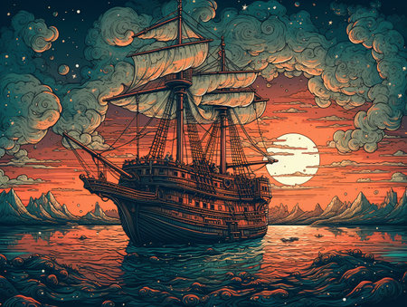 A boat floating on top of a body of water under a night sky. AI generated, AI generative, AI generativ.の素材