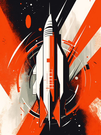 Illustration of a space rocket taking off up into the sky on an orange and black background. AI generated, AI generative, AI generativ.の素材