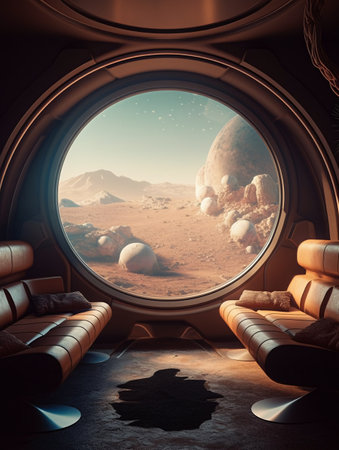 A space living room filled with two brown leather sofas and a round window overlooking a desert planet. AI generated, AI generative, AI generativ.の素材