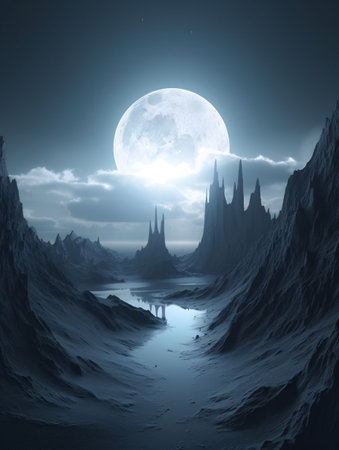 Black and blue image of the full moon among the rocks on an unknown planet. AI generated, AI generative, AI generativ.の素材