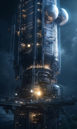 Close-up of a space elevator with people going up from the earth to the space station. AI generated, AI generative, AI generativ.の素材