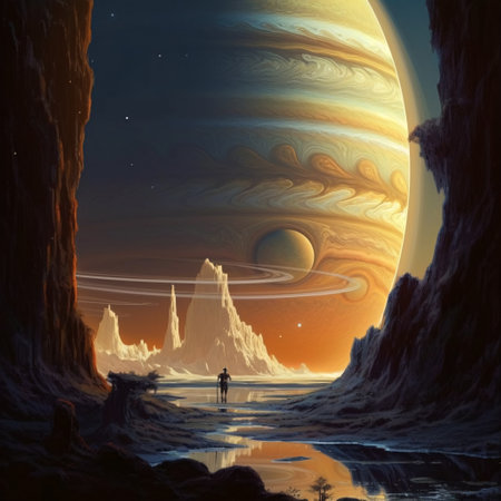 A mesmerizing landscape of the planet's satellite with high cliffs and a stunning view into space with planets in the sky. AI generated, AI generative, AI generativ.の素材