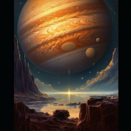 A mesmerizing landscape of the planet's satellite with high cliffs and a stunning view into space with planets in the sky. AI generated, AI generative, AI generativ.の素材