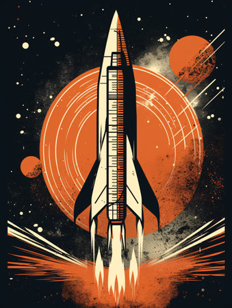 Illustration of a space rocket taking off up into the sky on an orange and black background. AI generated, AI generative, AI generativ.の素材