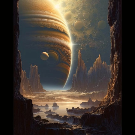 A mesmerizing landscape of the planet's satellite with high cliffs and a stunning view into space with planets in the sky. AI generated, AI generative, AI generativ.の素材