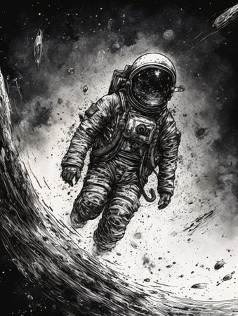 Black and white drawing of an astronaut in space done in graphic art style. AI generated, AI generative, AI generativ.の素材