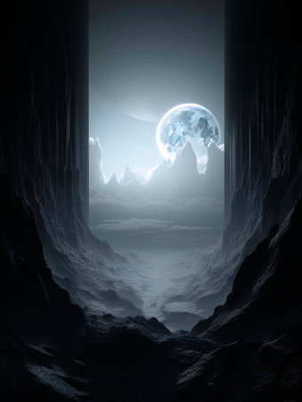Black and blue image of the full moon among the rocks on an unknown planet. AI generated, AI generative, AI generativ.の素材