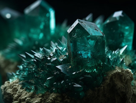 A bunch of green crystals sitting on top of a stone. AI generated, AI generative, AI generativ.の素材