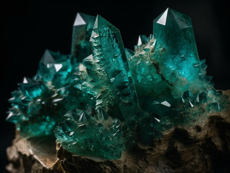 A bunch of green crystals sitting on top of a stone. AI generated, AI generative, AI generativ.の素材