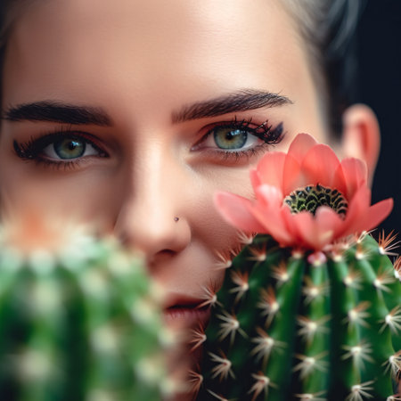 A woman with cacti in front of her face. AI generated, AI generative, AI generativ.の素材