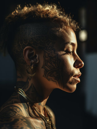 A woman with a tattoo on her face and neck by the window and the soft light of the sun on her face. AI generated, AI generative, AI generativ.の素材