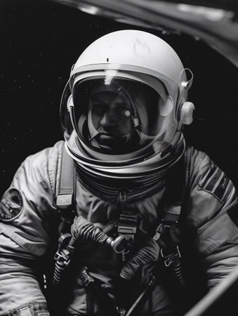 Black and white photo of an astronaut on a black background. AI generated, AI generative, AI generativ.の素材