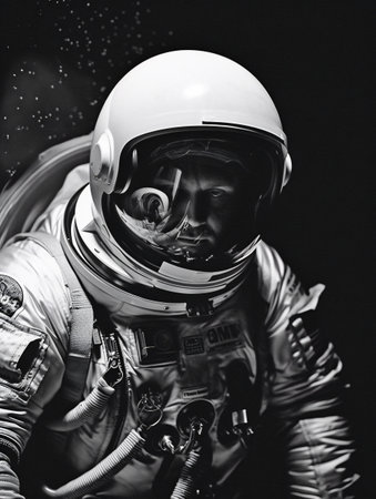 Black and white photo of an astronaut on a black background. AI generated, AI generative, AI generativ.の素材