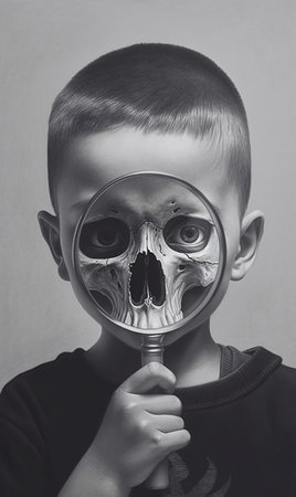 The boy holds a magnifying glass in front of his face and a skull with eye sockets appears. AI generated, AI generative, AI generativ.の素材
