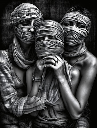 Black and white photo of women in bandages and dirty clothes in the form of slaves. AI generated, AI generative, AI generativ.の素材
