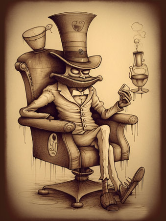 Drawing of a surreal old man sitting in a dieselpunk chair. AI generated, AI generative, AI generativ.の素材