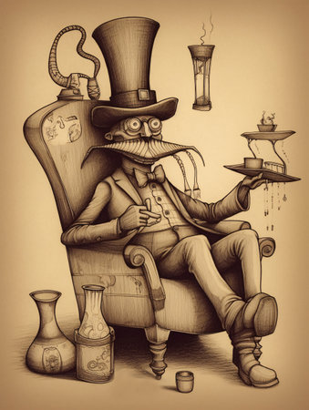 Drawing of a surreal old man sitting in a dieselpunk chair. AI generated, AI generative, AI generativ.の素材
