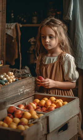 Little village girl with oranges. AI generated, AI generative, AI generativ.の素材