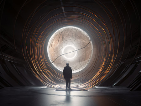A man walking through a tunnel in the dark and there is light at the end of the tunnel. AI generated, AI generative, AI generativ.の素材