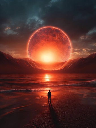 A man standing on a beach in front of a giant sun at sunset with a halo and mountains in the background. AI generated, AI generative, AI generativ.の素材