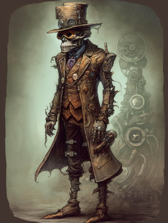 Drawing of a skeleton in a top hat and suit on a yellow background with black trim. AI generated, AI generative, AI generativ.の素材