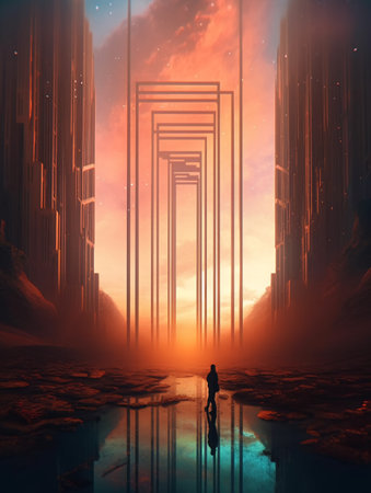 A man standing in front of a tall color and light tower in a futuristic style in the rays of the sun. AI generated, AI generative, AI generativ.の素材